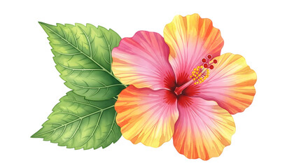 Beautiful watercolor hibiscus flower with green leaves isolated on transparent background