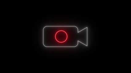 Classic neon video camera icon with a red recording light glows brightly against a dark minimalist background