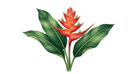 Vibrant heliconia flower with lush green leaves, isolated on transparent background