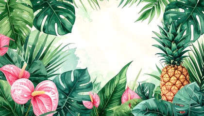 Tropical floral frame with pineapple