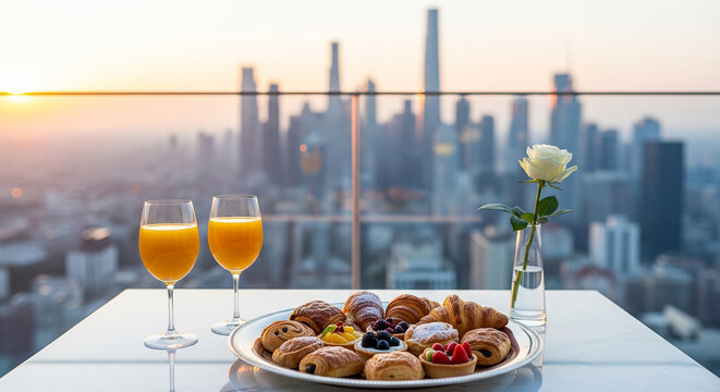 A romantic breakfast for two on a rooftop balcony overlooking a city skyline at sunrise, a concept for luxury travel and urban lifestyle goals
