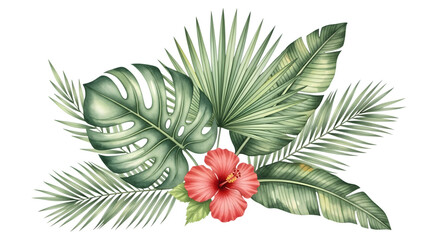 Tropical floral arrangement with a red hibiscus flower and various palm leaves, isolated on transparent background