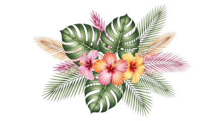 Tropical floral arrangement with hibiscus flowers and palm leaves, isolated on transparent background