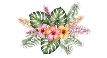 Tropical floral arrangement with hibiscus flowers and palm leaves, isolated on transparent background