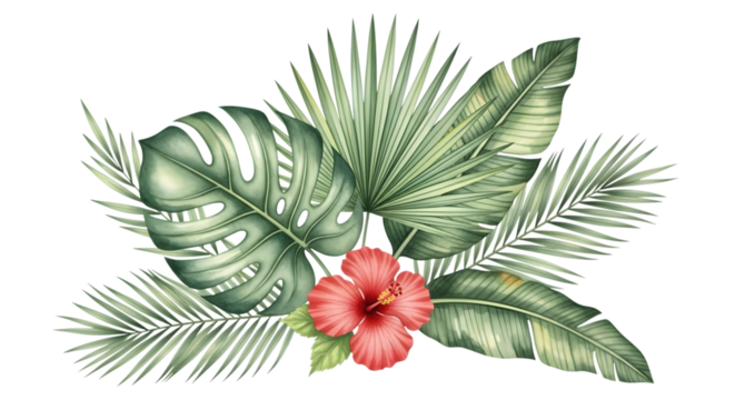 Tropical floral arrangement with a red hibiscus flower and various palm leaves, isolated on transparent background