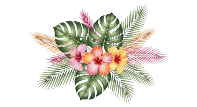 Tropical floral arrangement with hibiscus flowers and palm leaves, isolated on transparent background