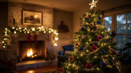Cozy christmas ambiance with a decorated tree and fireplace scene indoors