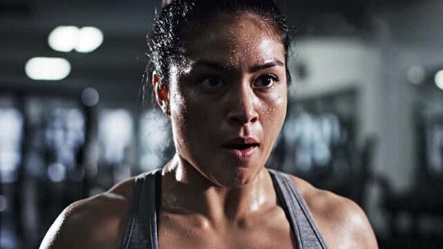 Intense Gym Workout: Woman's Sweaty Face Shows Grit and Determination - Powered by Adobe