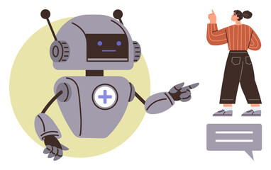 Robot pointing towards a woman engaged in conversation, highlighting human-machine interaction and AI communication. Ideal for technology, AI, teamwork, education, innovation, digital assistance