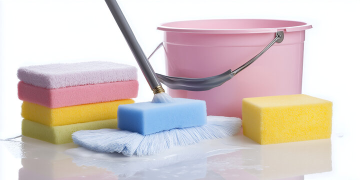 Collection of colorful cleaning supplies, including sponges, mop, and pink bucket, arranged on white background, creating fresh and tidy atmosphere