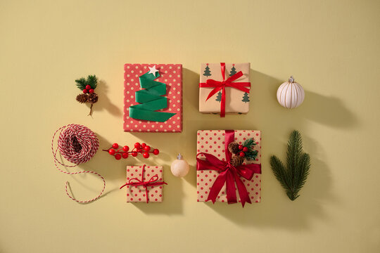 Christmas gifts beautifully arranged with ribbons and decorations