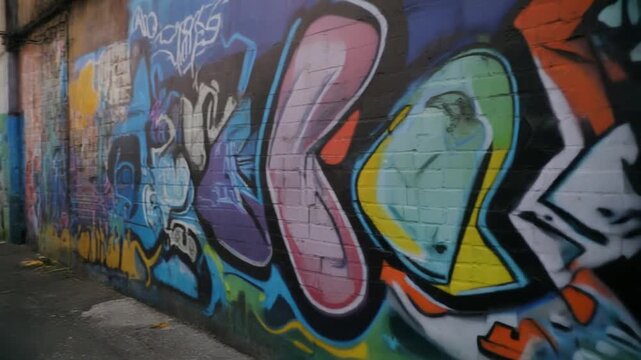 Vibrant and colorful graffiti mural painted along an urban alley wall, showcasing the dynamic culture of street art