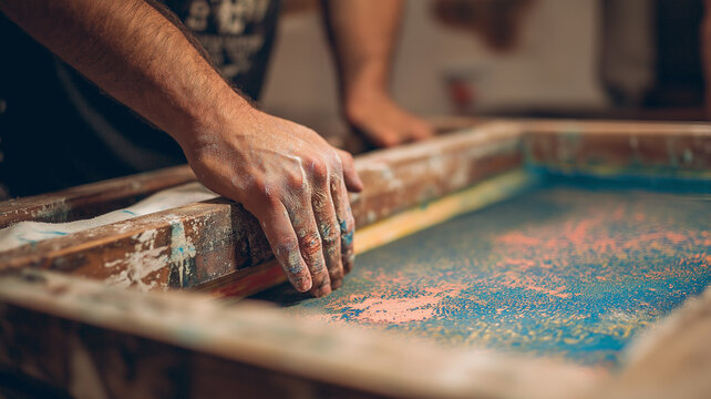 Person is pressing ink through silk screen frame, creating colorful print. hands are covered in ink, showing creative process of screen printing - Powered by Adobe