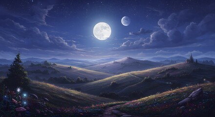 A serene night landscape featuring rolling hills under a bright full moon and a distant celestial body, with a winding path and glowing flora.