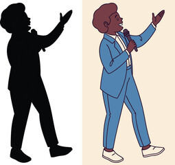 Dynamic cartoon of a stylish singer in a suit performing with a microphone alongside a silhouetted version, perfect for music or entertainment projects