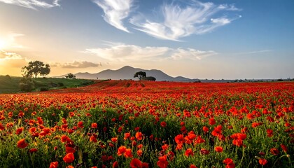 Vast field of vibrant red poppies at sunset