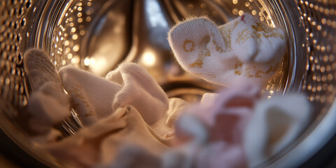 Close up view inside washing machine drum with colorful socks tumbling, creating dynamic and playful scene. lighting highlights texture and movement of fabric