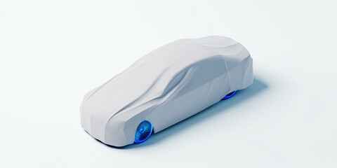 Sleek car is covered with smooth light gray cloth, revealing its futuristic design and glowing blue wheels, creating sense of mystery and anticipation