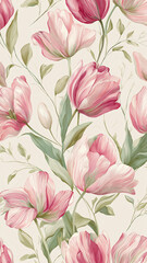 Fototapeta premium Delicate pattern of watercolor tulips in soft pinks and greens creates elegant floral design. intricate details and gentle hues evoke sense of tranquility and beauty