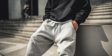Person in casual streetwear sits on concrete ledge, wearing black hoodie and light gray sweatpants. background features steps and blurred figure, creating urban atmosphere