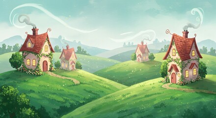 Whimsical illustration of charming fairytale houses nestled on rolling green hills under a bright, hazy sky, with smoke rising from chimneys and warm light from windows.