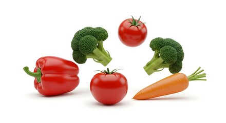 Vibrant fresh vegetables including tomatoes, broccoli, bell pepper, and carrot, perfect for promoting healthy eating and colorful cooking ideas