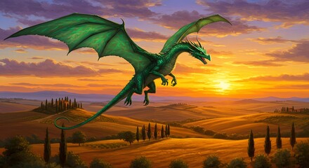 A majestic green dragon with large wings soars gracefully over a picturesque Tuscan-like landscape at sunset, with golden fields and cypress trees.
