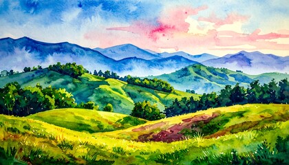 Watercolor landscape of rolling hills and mountains at sunrise