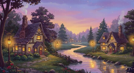 Enchanting village scene at twilight with cozy cottages, a winding river, and glowing lanterns under a magical sky.
