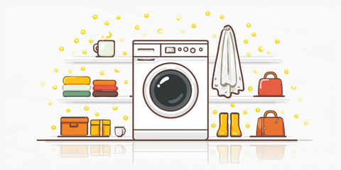 White front loading washing machine is surrounded by colorful laundry items, mug, and accessories, creating cheerful and organized laundry room scene
