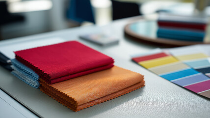Three fabric swatches in red, orange, and blue are neatly stacked on design table, surrounded by color samples and design tools, creating vibrant and creative atmosphere
