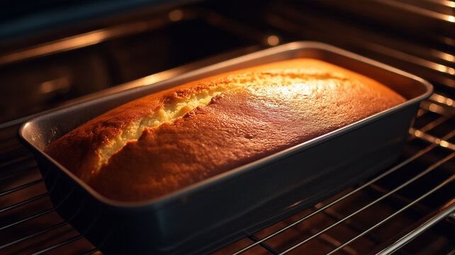 Golden brown banana cake rising in oven, creating warm and inviting atmosphere. loaf is perfectly baked, showcasing delightful crack on top