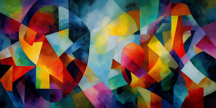 Vibrant abstract cubism painting with bold geometric shapes and vivid colors, creating dynamic and energetic composition. interplay of light and shadow adds depth