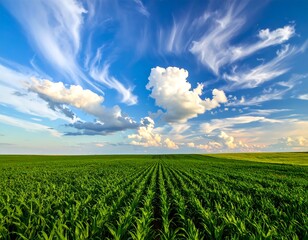 Vast field of young corn under a dramatic sky