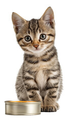 Obraz premium Cute tabby kitten with striking stripes sits beside can of cat food, looking curious and alert. kitten fur is soft and fluffy, and its eyes are wide open, adding to its adorable appearance
