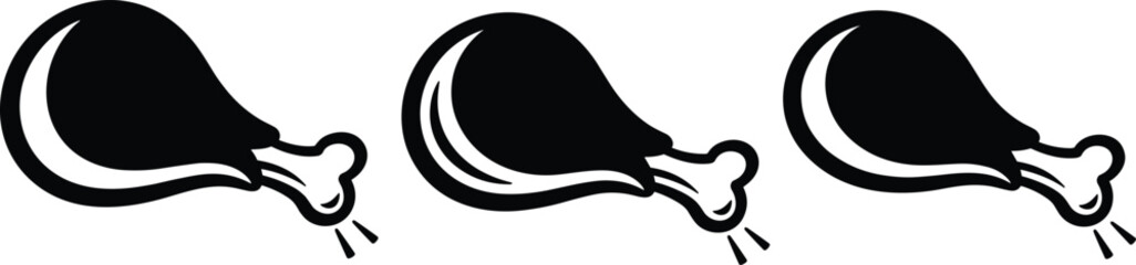 Chicken drumstick silhouette vector set, fried chicken food icon collection, black meat illustration with motion lines, fast food design, restaurant graphic