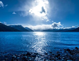 Vast lake with mountains and bright sky