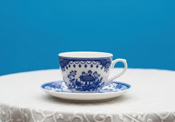 Elegant china teacup with intricate blue floral and architectural design on a white lace tablecloth