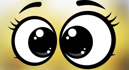 Two cartoon eyes with wide, expressive eyebrows and large pupils, set against a yellow background with a blurred, yellowish gradient.