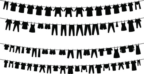 Obraz premium Clothesline silhouettes vector, hanging clothes icons, laundry drying illustration, household chore design, fashion garment symbols, domestic scene artwork, black minimal style, simple graphic set