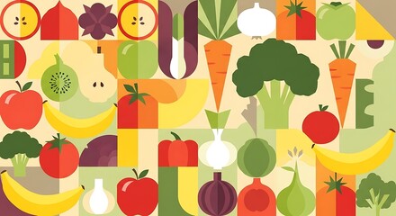 Colorful Flat Design Pattern of Various Fresh Fruits and Vegetables.