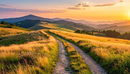 Dusty Winding Dirt Road Through Golden Grassy Hills and Wildflowers at Sunset with Sunflare in the Distance