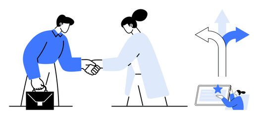 Professional handshake between man and woman, directional arrows, and tablet with star rating insight. Ideal for teamwork, collaboration, decision-making, business partnerships, career growth