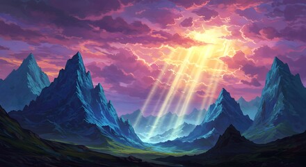A breathtaking fantasy landscape featuring majestic blue mountains, a vibrant purple and pink sky, and ethereal golden light rays illuminating a valley.