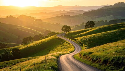 Golden Hour Sunlight Illuminates Rolling Hills and Winding Road in Rural Landscape