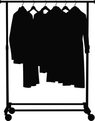 Clothing rack silhouette vector illustration, hanging coats and jackets on hangers, retail fashion display design, garment storage concept, minimalist style black graphic