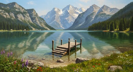 A serene mountain lake scene with a wooden dock reflecting the surrounding landscape.