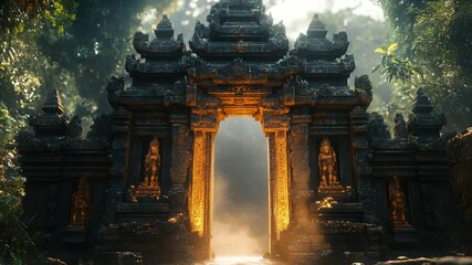 Ancient stone gateway in lush jungle at sunrise