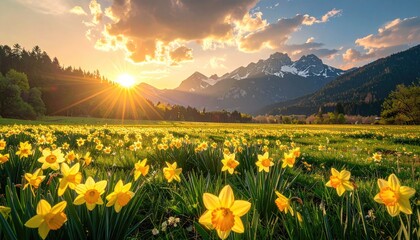 Golden Sunrise Illuminates Vast Daffodil Meadow Against Majestic Snow Capped Mountains During Springtime