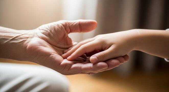 A child's hand holding an elderly person's hand in a comforting gesture.